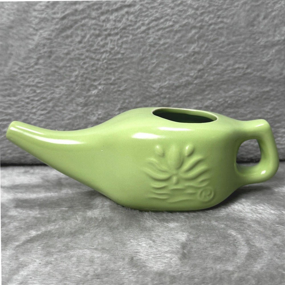 NeilMed Ceramic Neti Pot Sinus Rinse Green Lotus Embossed 8oz 240ml Nasal Wash